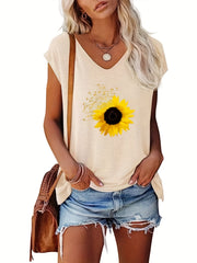 Sunflower Print Cap Sleeve Top V Neck Summer Top