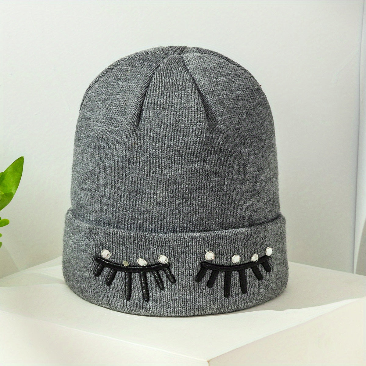 Gray Eyelash Embroidery Knit Beanie Hat