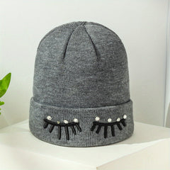 Gray Eyelash Embroidery Knit Beanie Hat