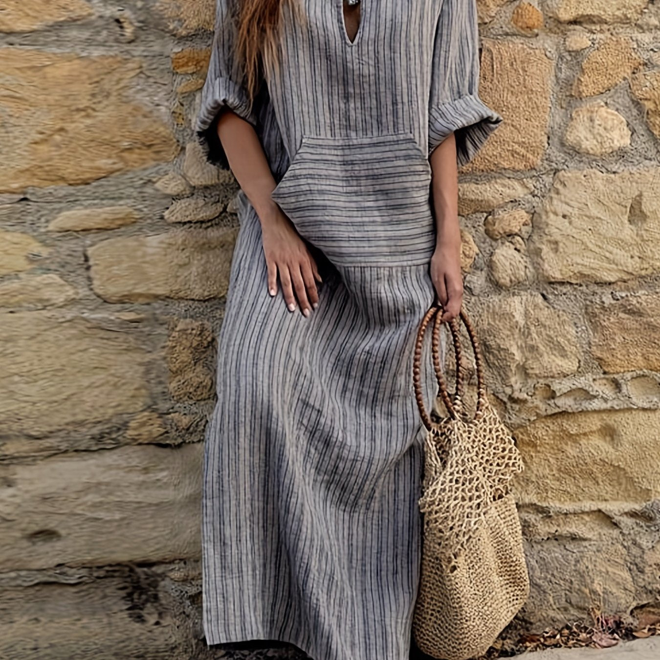 Women's Striped 3/4 Sleeve Loose Kaftan Dress With Pockets