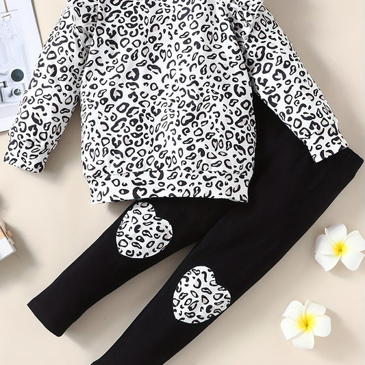 Girl's Leopard Top & Leggings Set Heart Patched Outfit Spring Fall