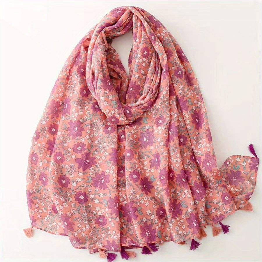 Pink Flower Print Tassel Scarf Boho Shawl Casual Hijab Head Wrap Women