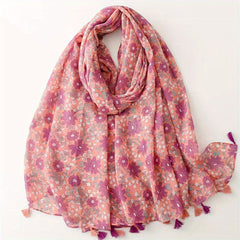 Pink Flower Print Tassel Scarf Boho Shawl Casual Hijab Head Wrap Women