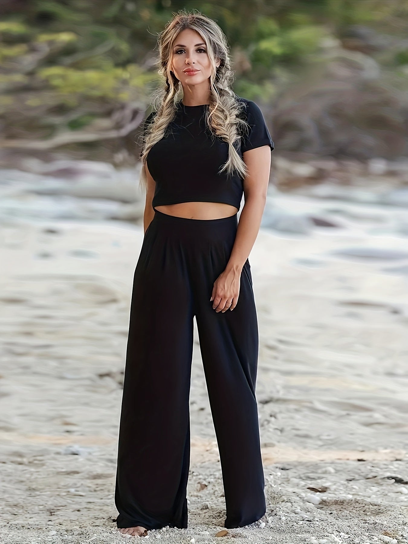 2 Piece Set Women's Solid Crop Tee & Loose Pants