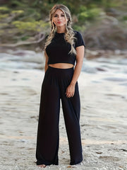2 Piece Set Women's Solid Crop Tee & Loose Pants