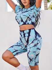 2pcs Tie Dye Sports Suits Short Sleeve Workout Top & High Stretch Shorts