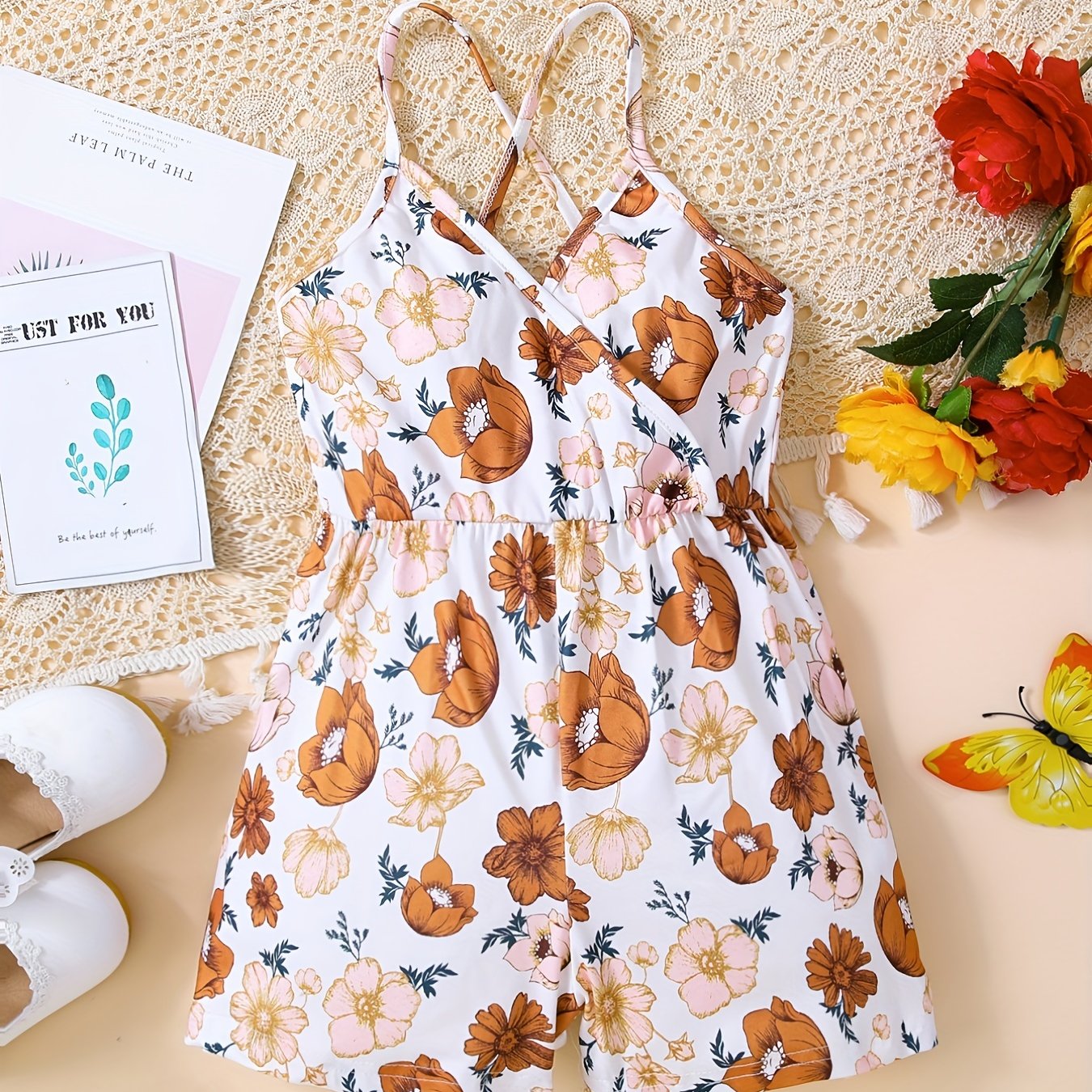 Toddler Girls Flowers Cami Rompers Jumpsuits