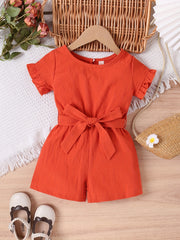 Girls Cotton Linen Frill Trim Romper Shorts with Belt