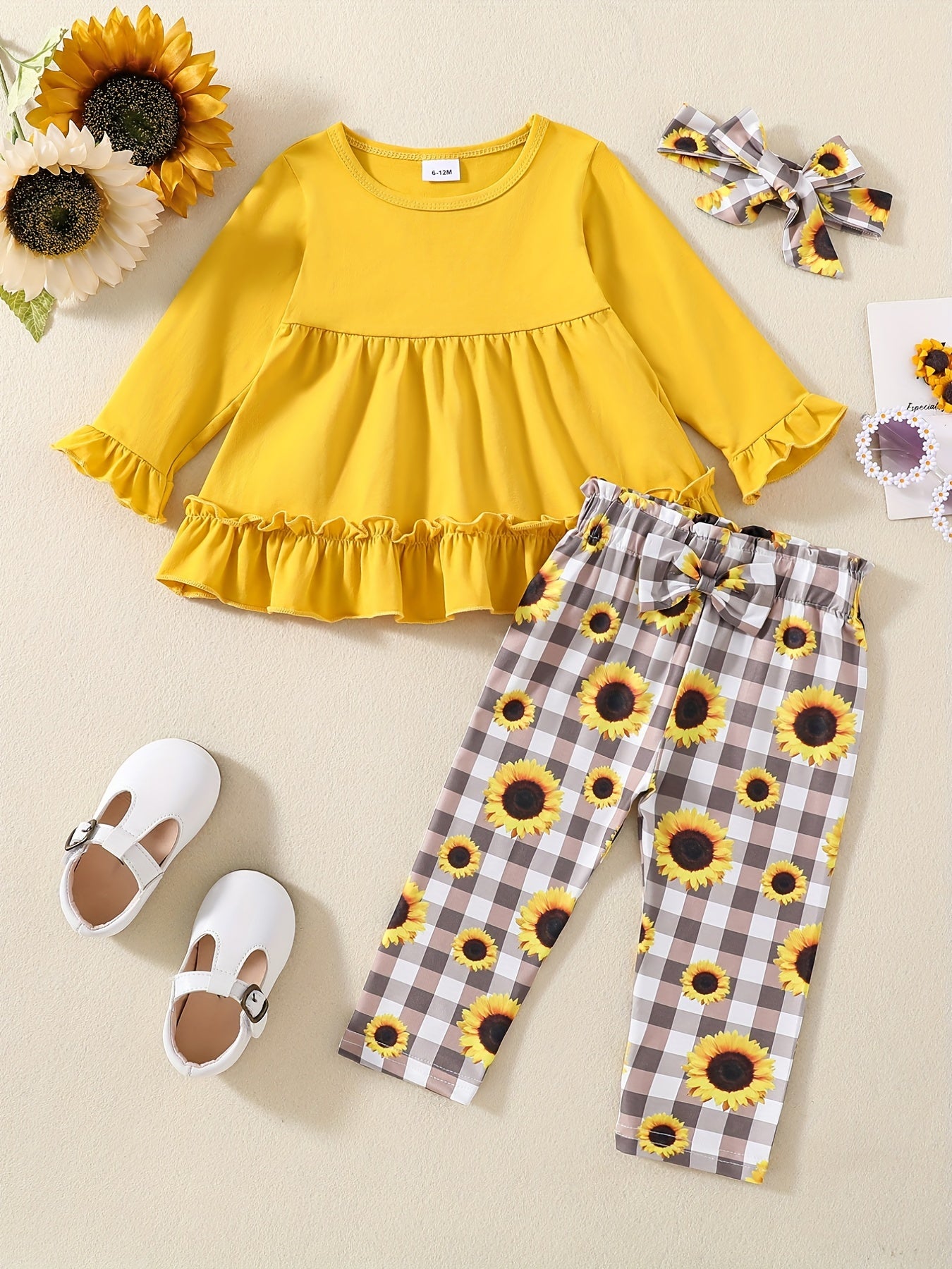 Baby Girl's Sunflower Print Dress Top & Pants Set