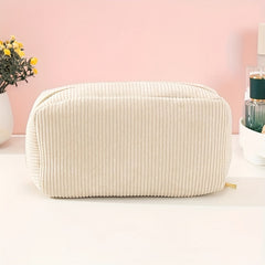 Beige Corduroy Makeup Bag Zipper Travel Brush Holder Organizer