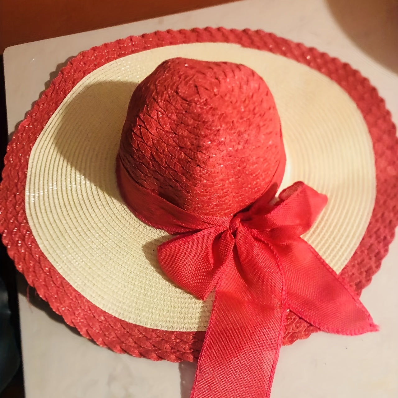Bowknot Block Sun Hat Crochet Wide Brim Drawstring Straw Hat