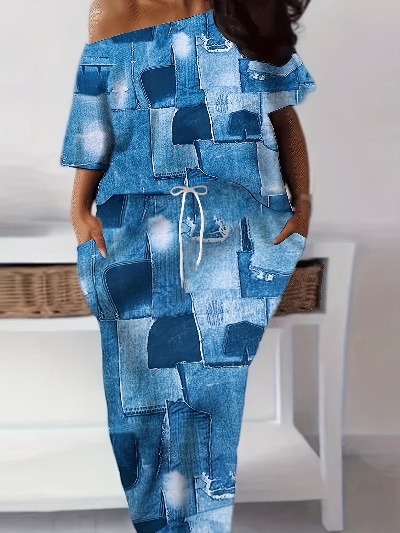 Plus Denim Print One Shoulder Tee & Maxi Skirt Set