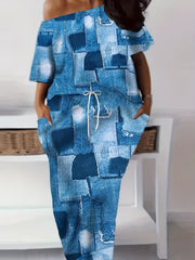Plus Denim Print One Shoulder Tee & Maxi Skirt Set