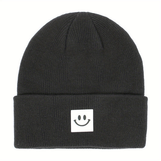 Winter Knit Hat with Smiley Face Pattern & Hood for Kids