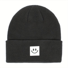 Winter Knit Hat with Smiley Face Pattern & Hood for Kids
