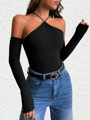 Sexy Ribbed Long Sleeve Bodysuit Cold Shoulder