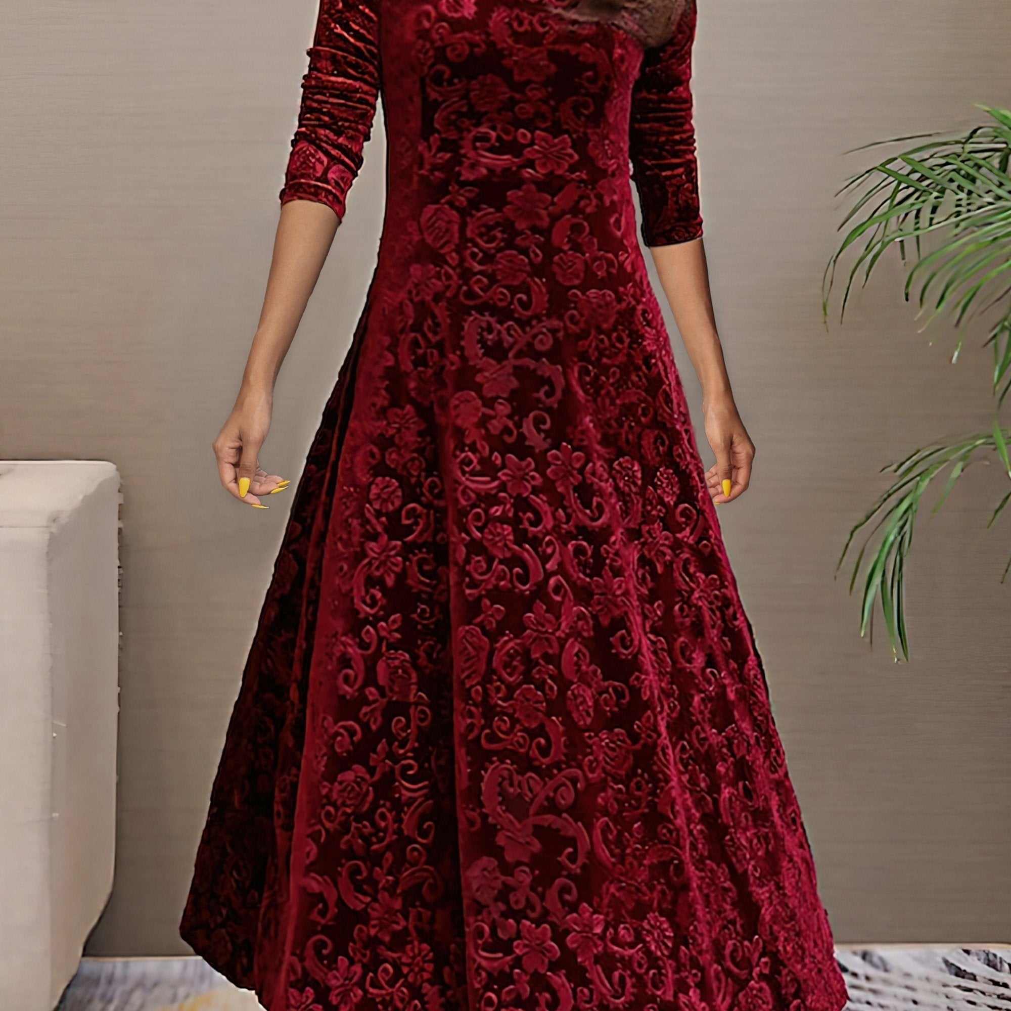 Velvet Floral Maxi Dress Long Sleeve Round Neck