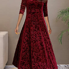 Velvet Floral Maxi Dress Long Sleeve Round Neck