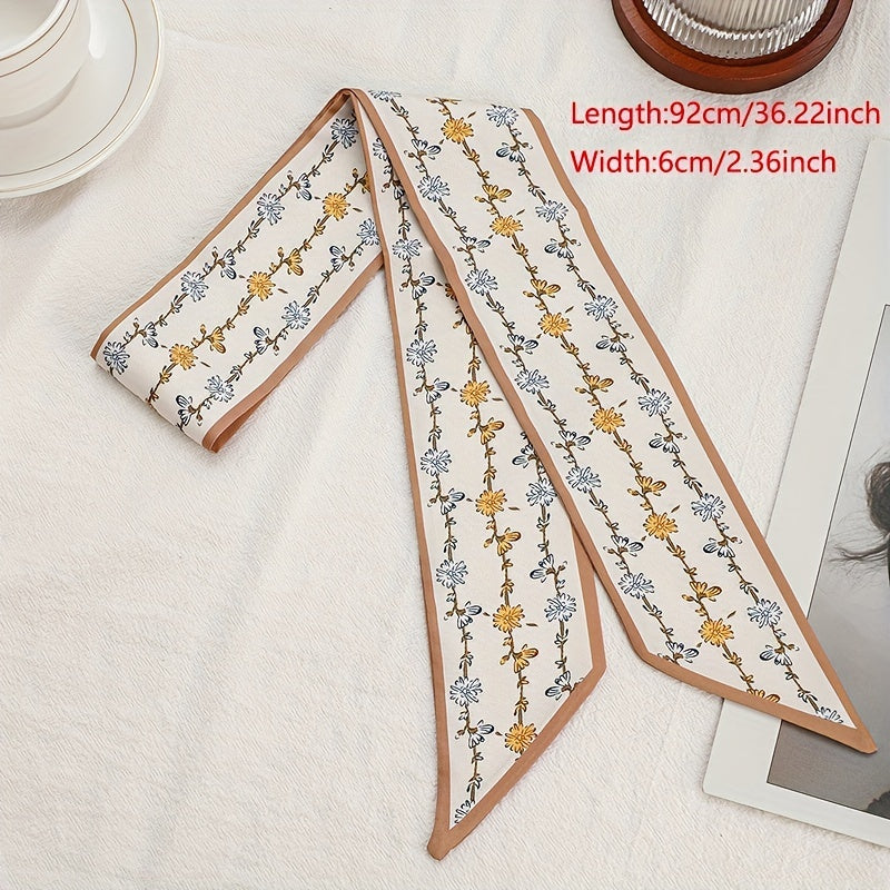 Yellow Floral Print Skinny Scarf Silky Long Ribbon Neckerchief Classic Satin