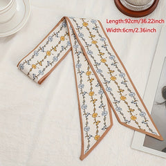 Yellow Floral Print Skinny Scarf Silky Long Ribbon Neckerchief Classic Satin
