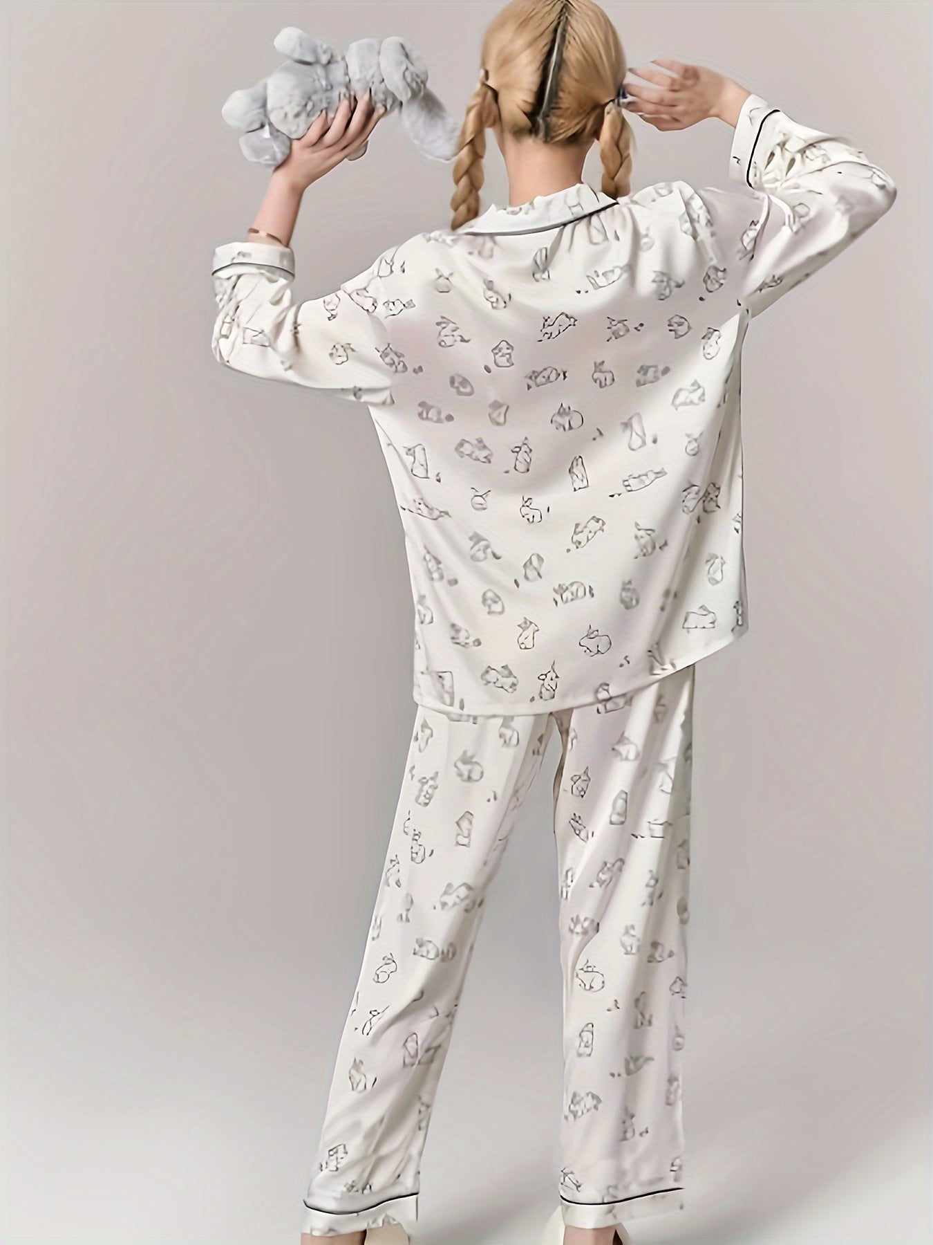 Rabbit Print Pajama Set Long Sleeve Top & Pants Women's Sleepwear