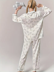 Rabbit Print Pajama Set Long Sleeve Top & Pants Women's Sleepwear