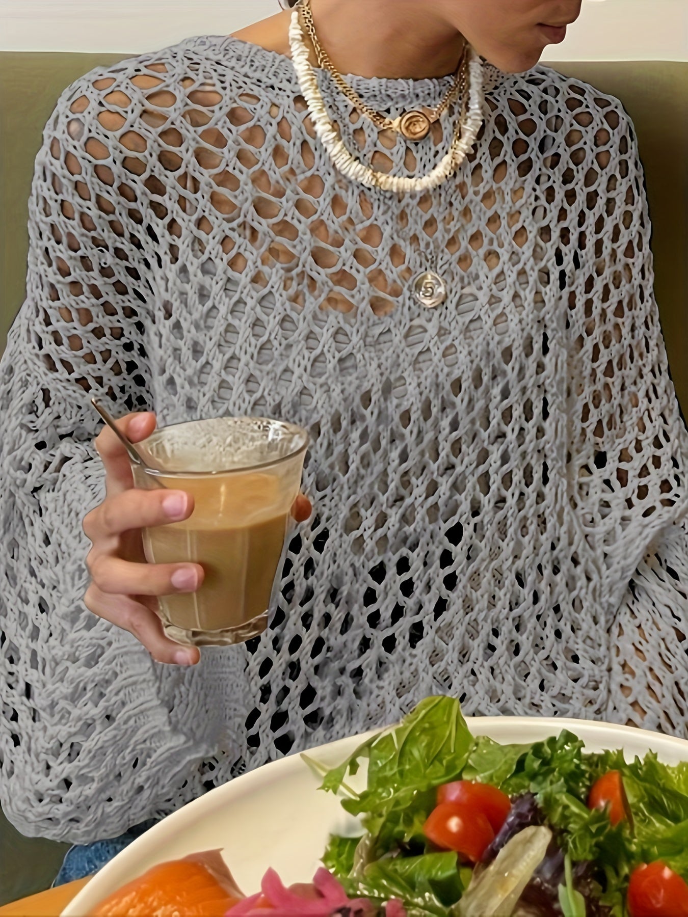 Women's Plus Size Hollow Out Long Sleeve Sweater