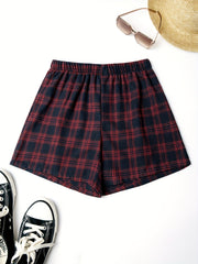Plaid Elastic Waist Shorts Preppy Women's Clothing