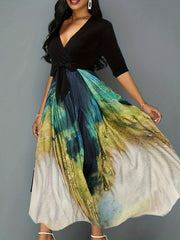 Colorblock Print Maxi Belted Dress