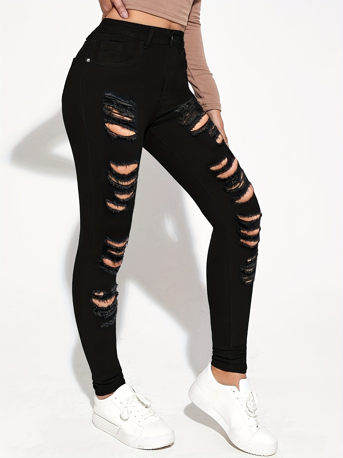 High Waist Skinny Jeans Distressed Denim Pants