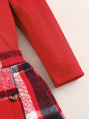 Girl's Ribbed Top & Skirt Set Plaid Print Outfits for Spring Autumn