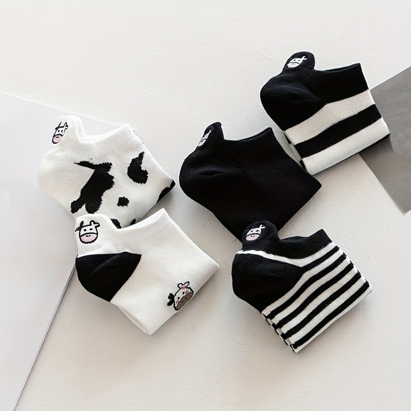 10 Pairs Cartoon Cow Print Socks & Low Cut Ankle Socks Women's Stockings