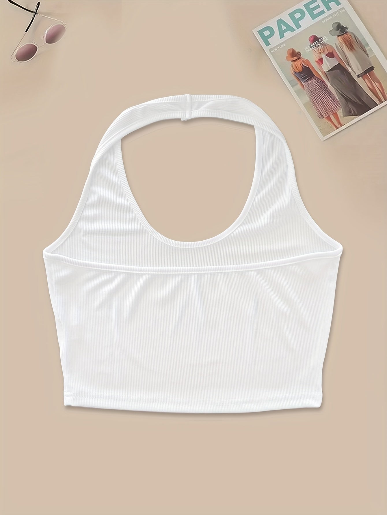 2pcs Solid Ribbed Halter Tops Crew Neck Backless Crop Top Women's Lingerie
