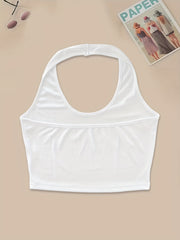 2pcs Solid Ribbed Halter Tops Crew Neck Backless Crop Top Women's Lingerie