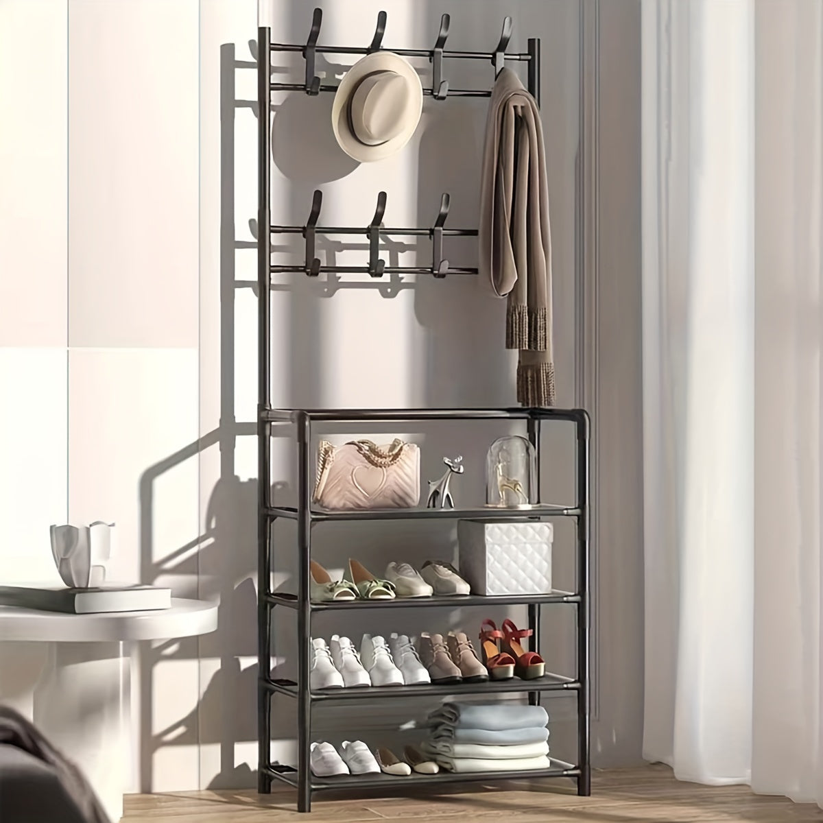 Shoe Storage Rack With Clothes Shelf & Hooks