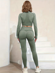 Plain Round Neck Yoga Set Long Sleeves Crop Top High Waist Pants