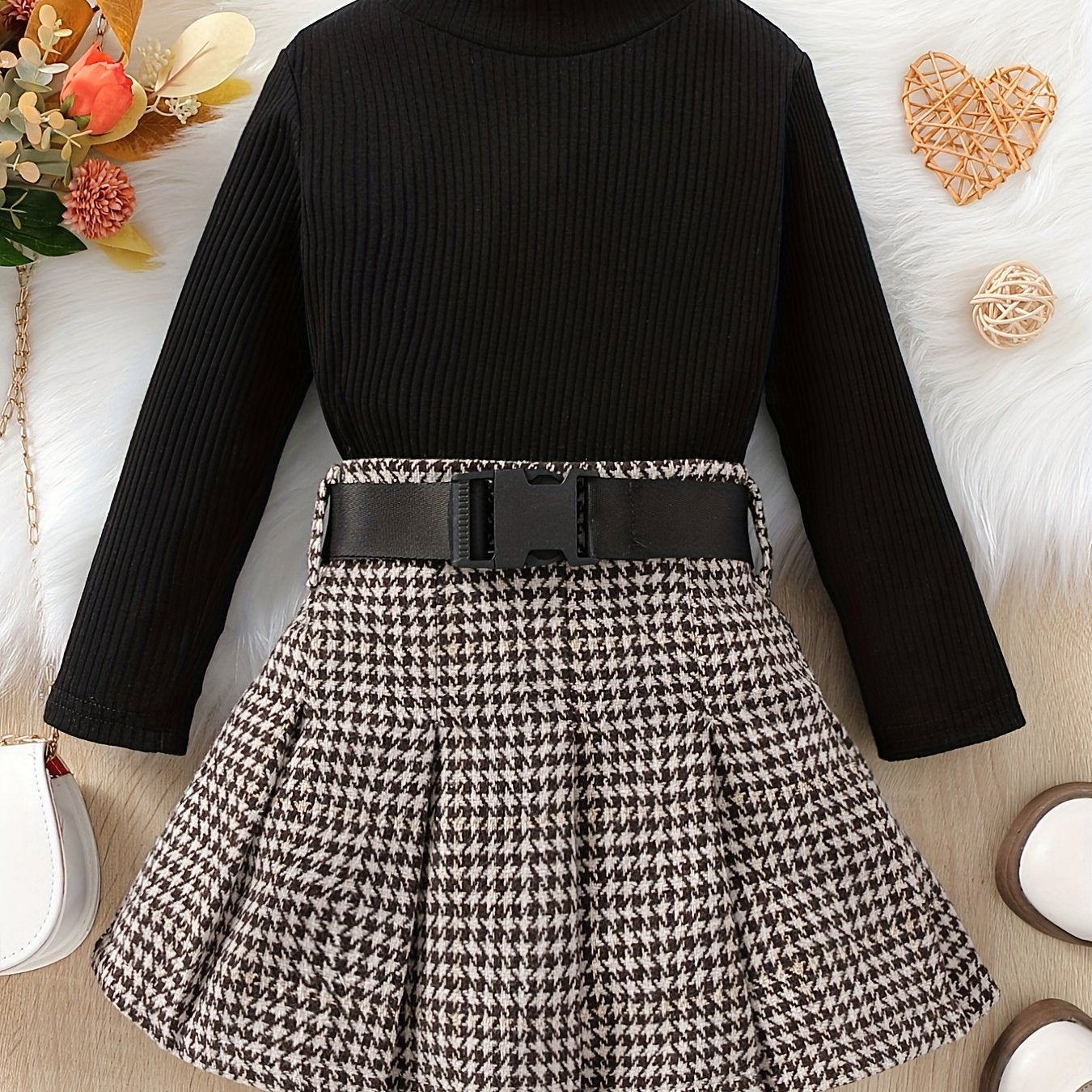 Girl's Ribbed Turtleneck Top & Houndstooth Pleated Skirt Set