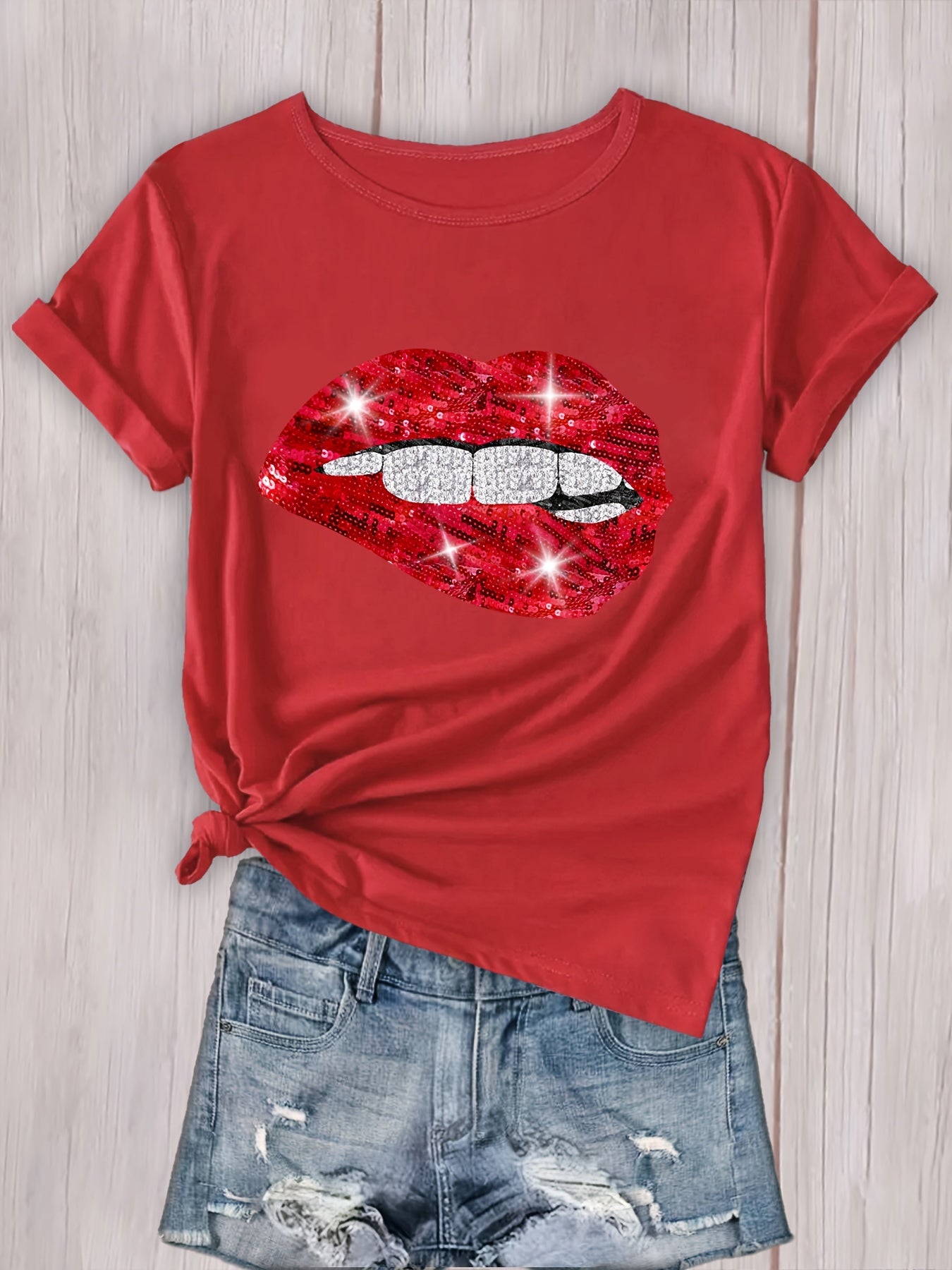 Sexy Lips Print T Shirt Crew Neck Short Sleeve Casual Sport Tops