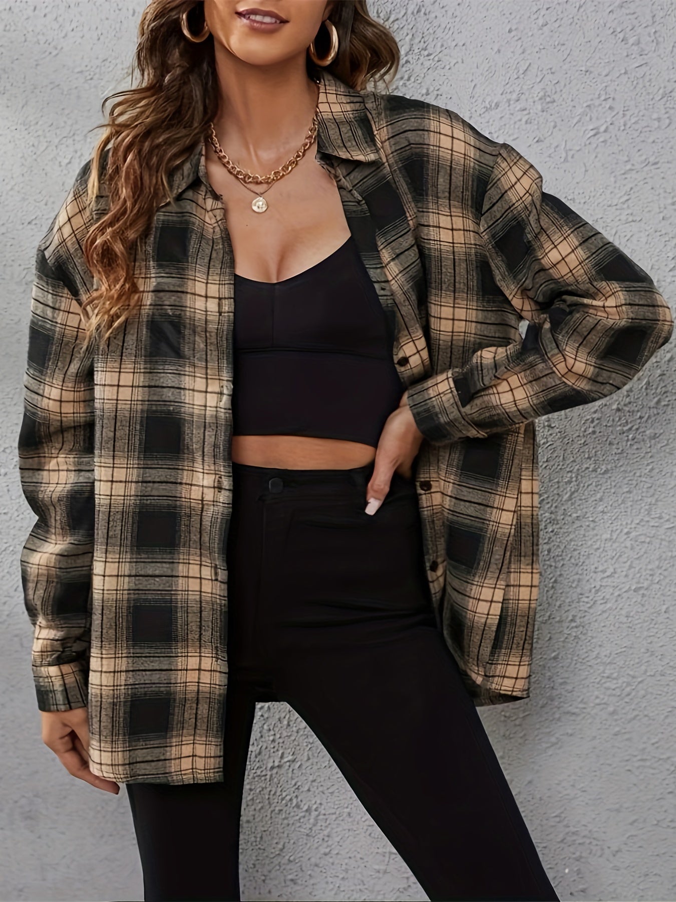 Plaid Print Button Up Long Sleeve Blouse