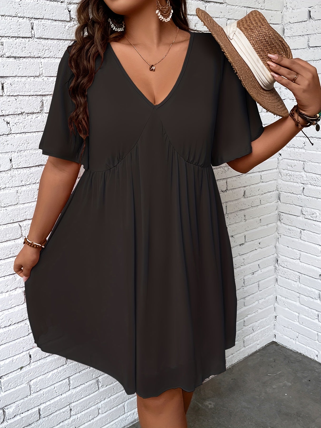 Casual Dress Solid V Neck Short Sleeve Ruched Dress