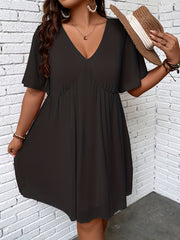 Casual Dress Solid V Neck Short Sleeve Ruched Dress