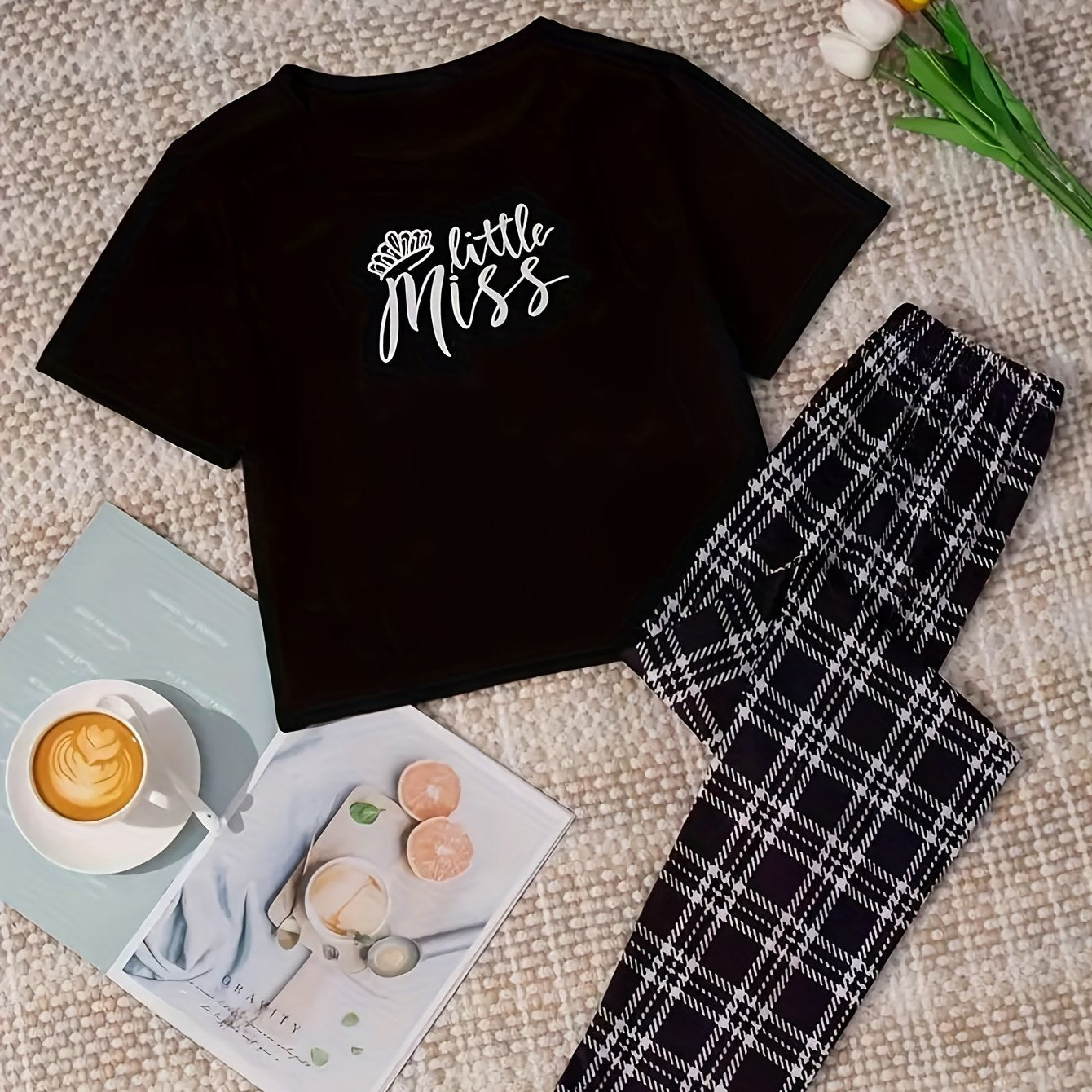 Letter Print Pajama Set Short Sleeve Crew Neck Top Plaid Pants