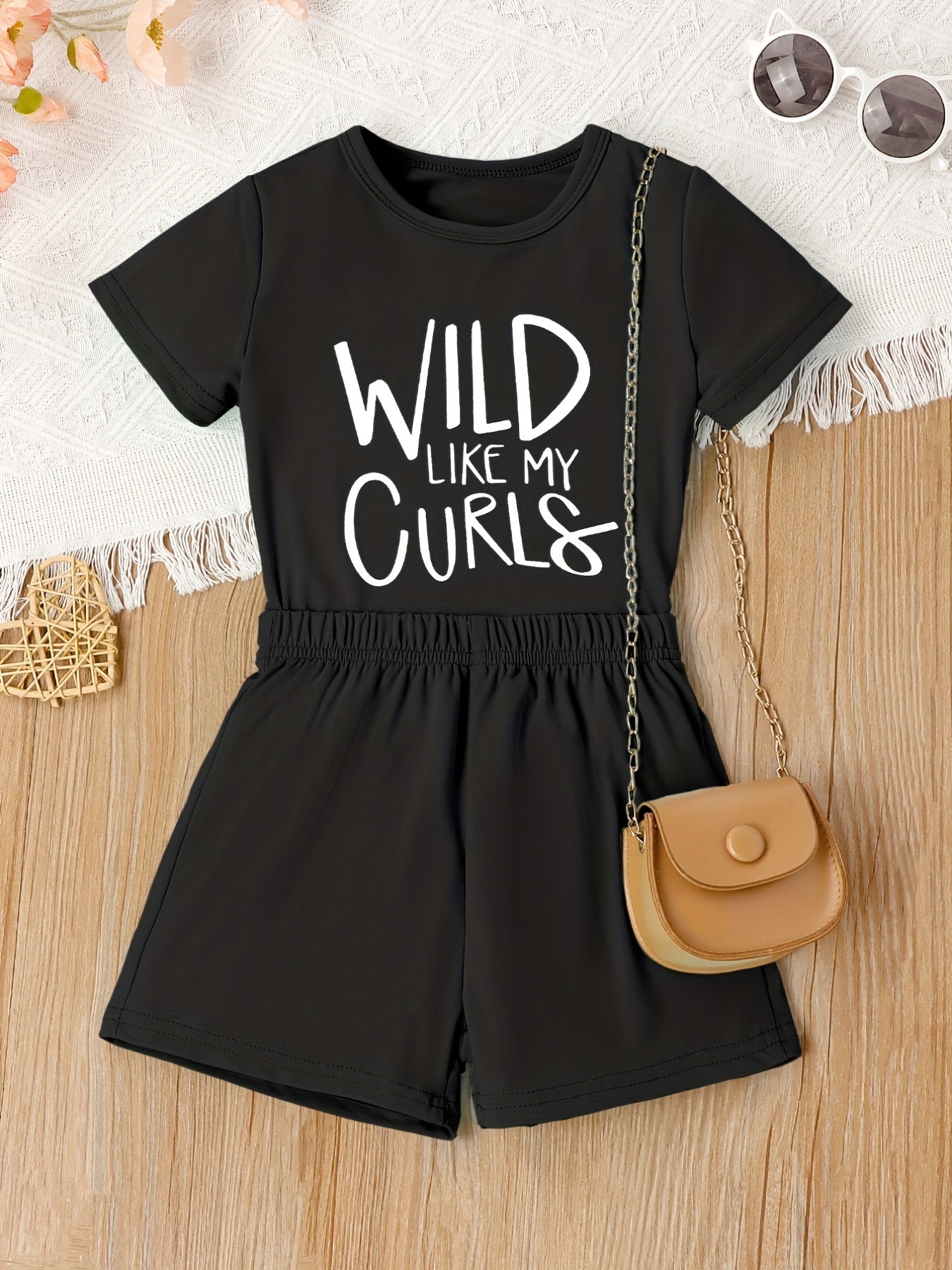 2pcs Girls Casual WILD LIKE MY CURLS Short Sleeve T shirt&Shorts Set