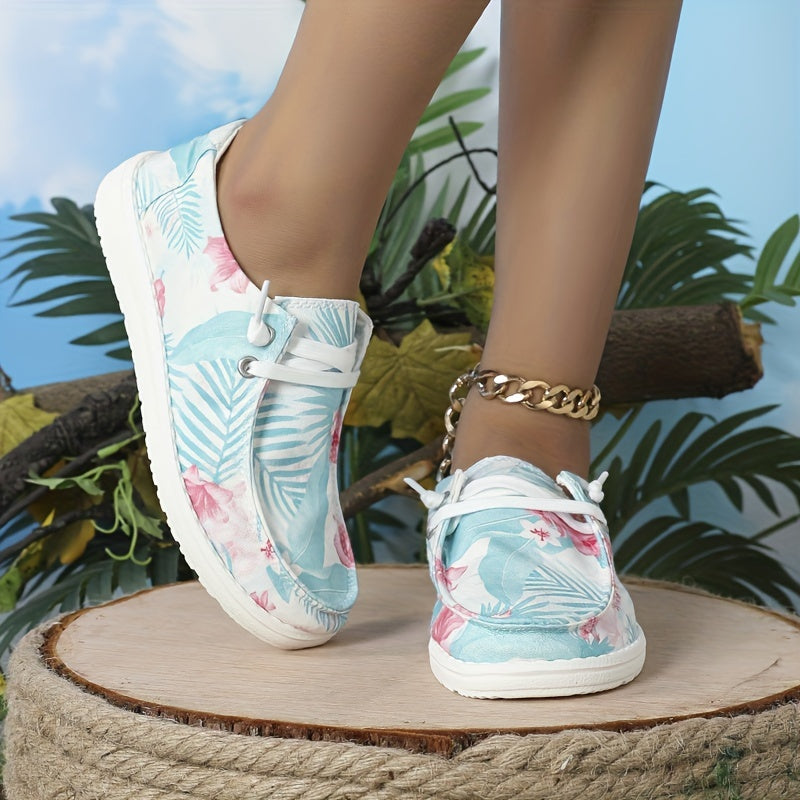 Floral & Leaf Printed Canvas Lace-Up Flat Shoes