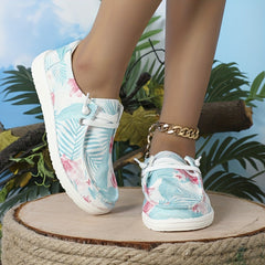 Floral & Leaf Printed Canvas Lace-Up Flat Shoes