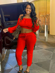 Off Shoulder Crop Top & Drawstring Pants Set