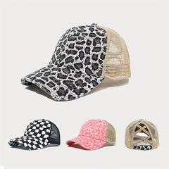 Leopard Print Mesh Baseball Cap Breathable Visor Cap Adjustable Trucker Hat