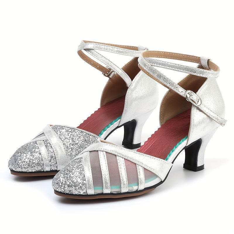 Silver Sequin Women's Mesh Dance Shoes Latin Jazz Breathable Comfortable