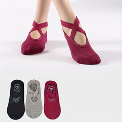 3 Pairs Yoga Socks Non Slip with Cross Strap & Grip for Balance & Stability