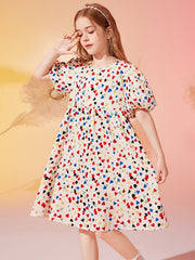Girls Heart Print Floral Princess Dress